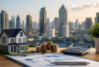 Professional investor analyzing rental yield U.S. property investment with residential property model, financial reports, and urban skyline in 2026.