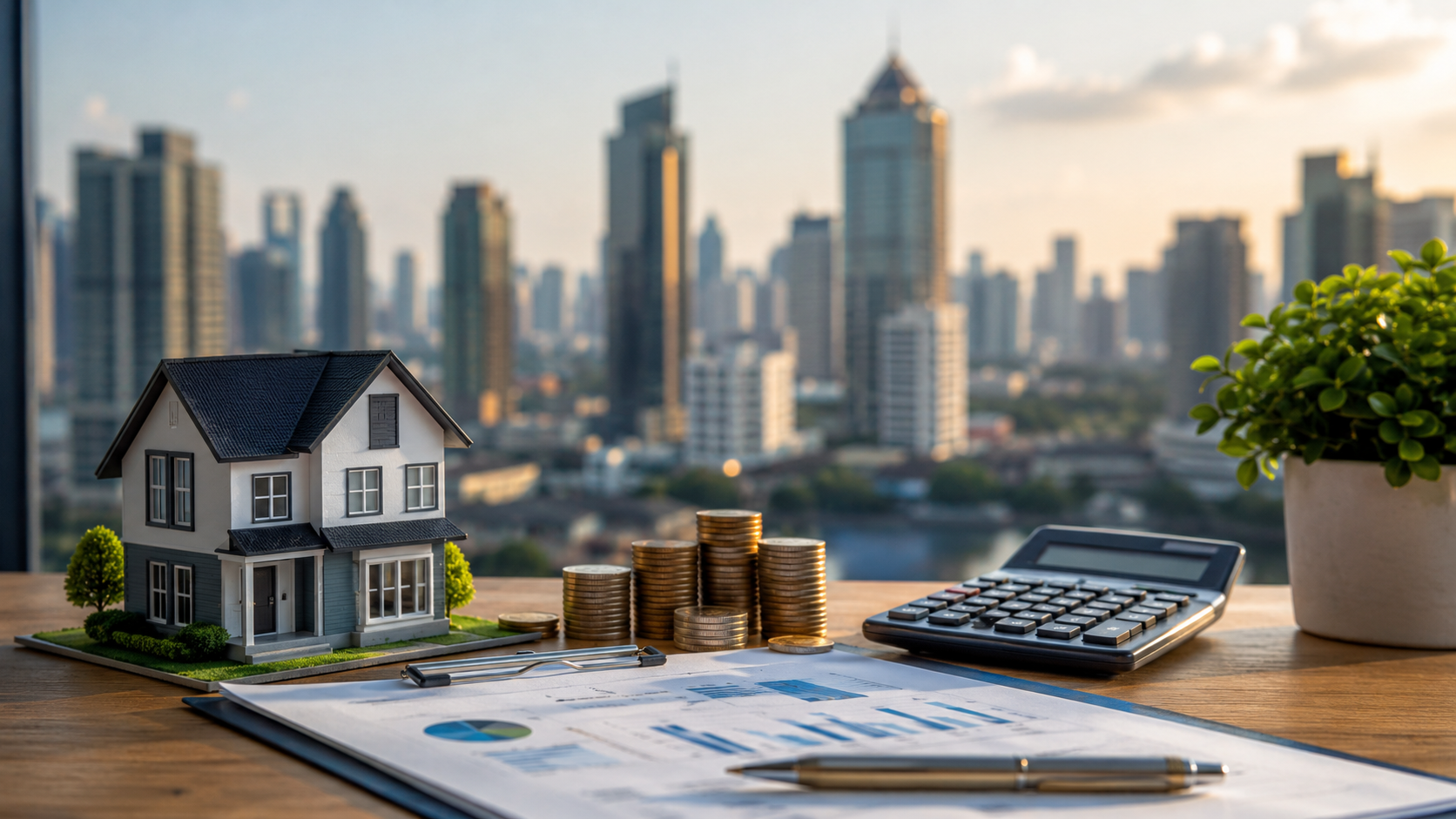 Professional investor analyzing rental yield U.S. property investment with residential property model, financial reports, and urban skyline in 2026.