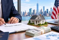 how-foreign-investors-can-buy-us-property-without-living-in-america Foreign investor buying U.S. property remotely, reviewing a mortgage application beside a model home, U.S. dollars, laptop, and American flag