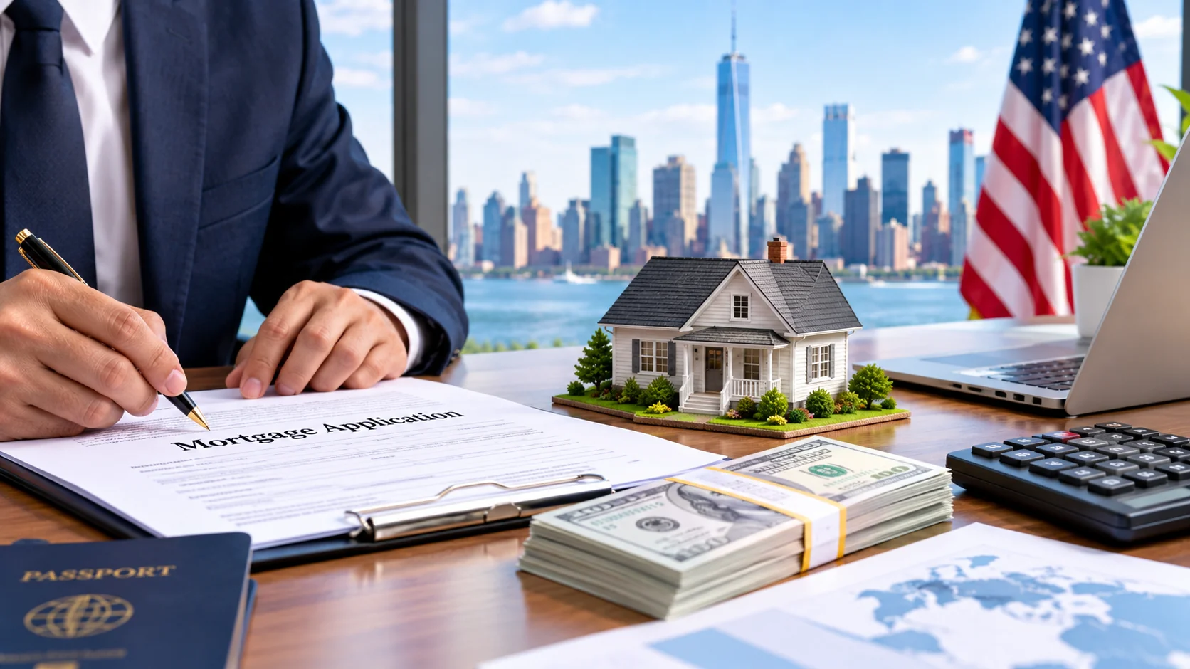 Foreign investor buying U.S. property remotely, reviewing a mortgage application beside a model home, U.S. dollars, laptop, and American flag