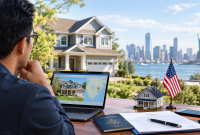Foreign investor reviewing US property investment opportunities on a laptop with a suburban house, American flag, and New York skyline in the background.