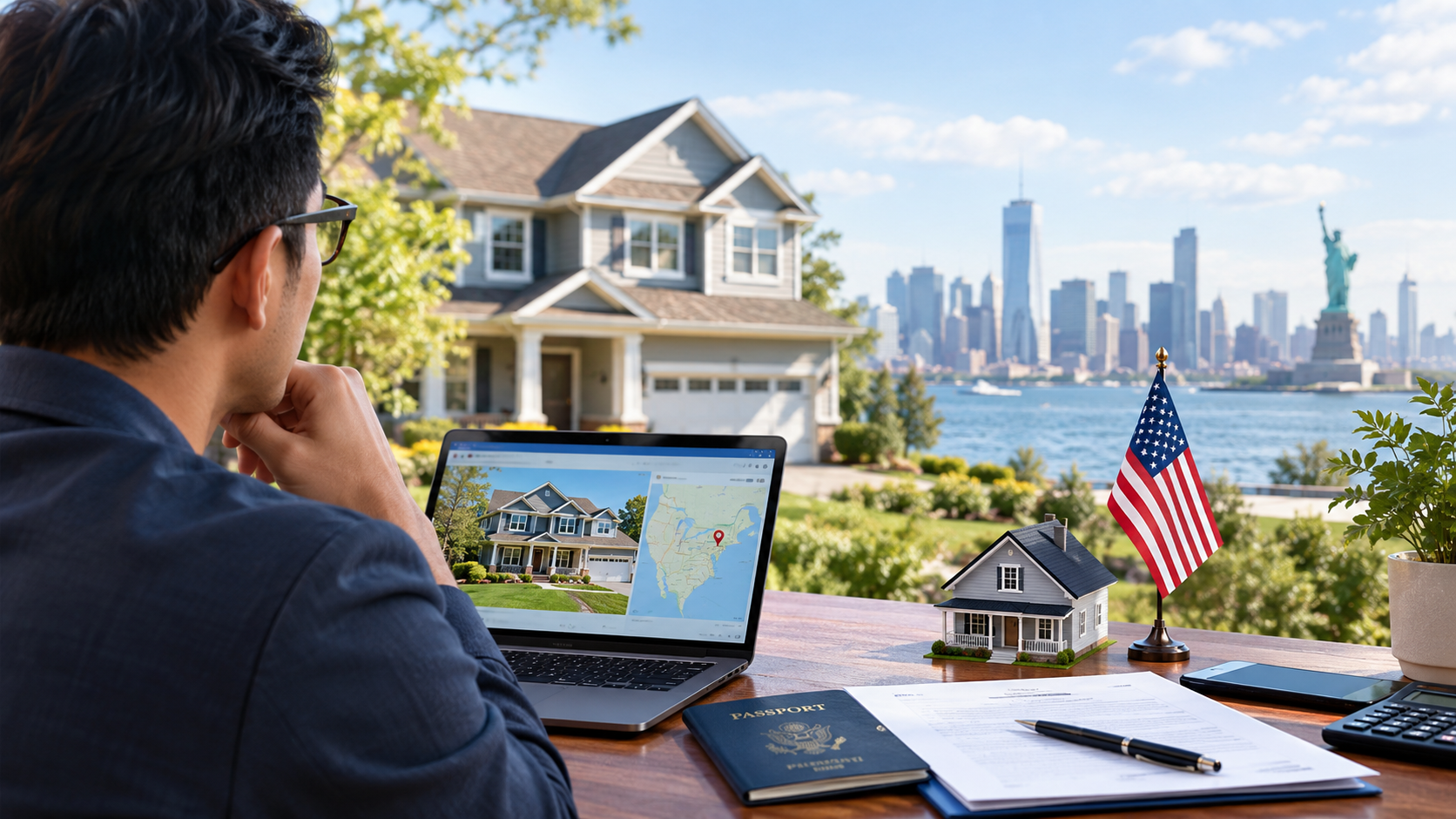 Foreign investor reviewing US property investment opportunities on a laptop with a suburban house, American flag, and New York skyline in the background.